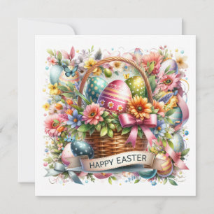 Tarjeta Festiva Huevos de Canasta de Pascua y Flores de Primavera