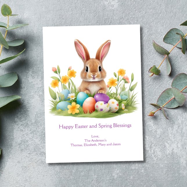 Tarjeta Festiva Huevos de conejo de Pascua Flores de primavera (Personalized Easter Bunny Greeting Card. Easter bunny sitting in grass with flowers and Easter eggs)