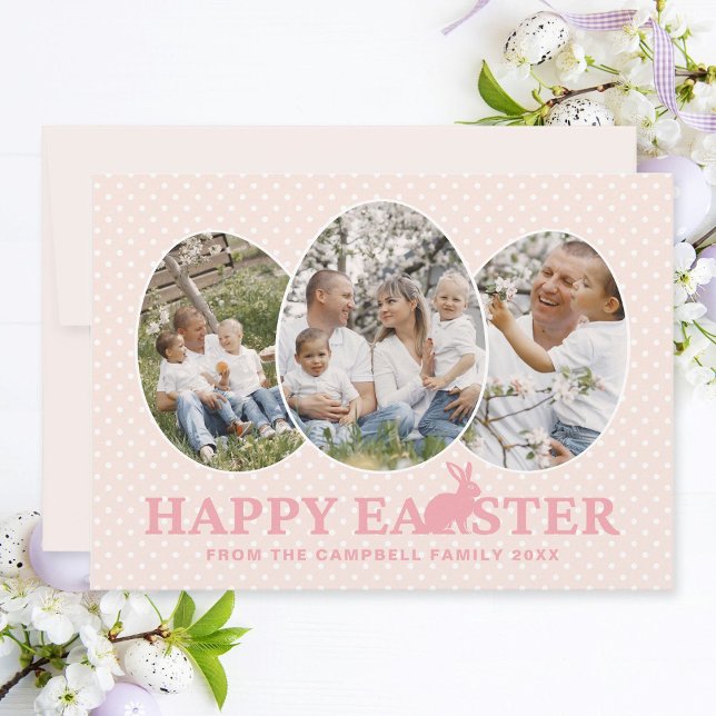 Tarjeta Festiva Huevos de fotos familiares de conejito rosa de Apr (Easter family photo collage card with egg-shaped photo frames, apricot pink text and rabbit.)