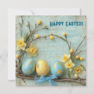 Tarjeta Festiva Huevos de Pascua antiguos y narcisos amarillos