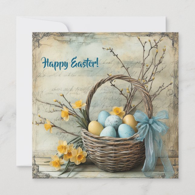 Tarjeta Festiva Huevos de Pascua azules y amarillos de época (Anverso)