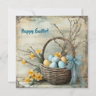 Tarjeta Festiva Huevos de Pascua azules y amarillos de época