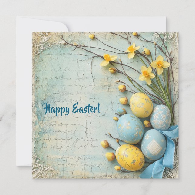 Tarjeta Festiva Huevos de Pascua azules y amarillos de época (Anverso)