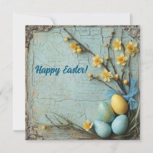 Tarjeta Festiva Huevos de Pascua azules y amarillos de época