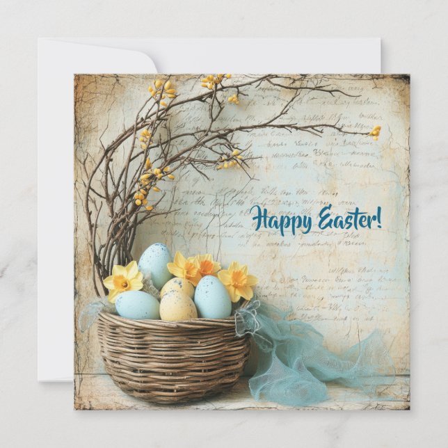 Tarjeta Festiva Huevos de Pascua azules y amarillos de época (Anverso)