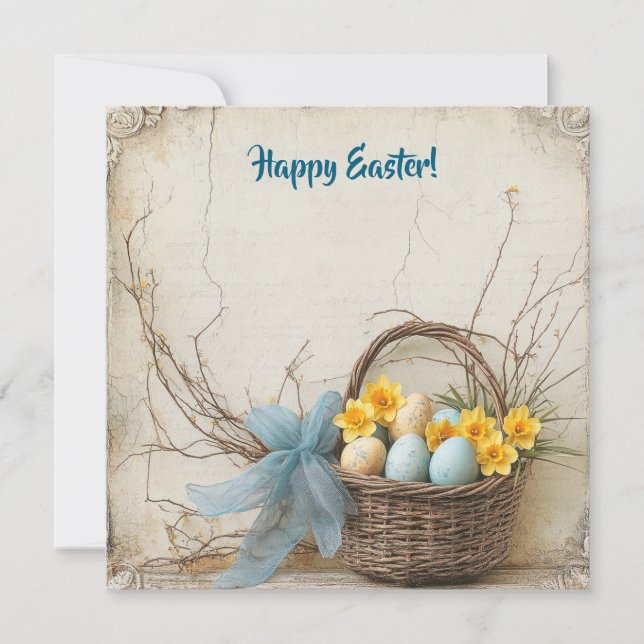 Tarjeta Festiva Huevos de Pascua azules y amarillos de época (Anverso)