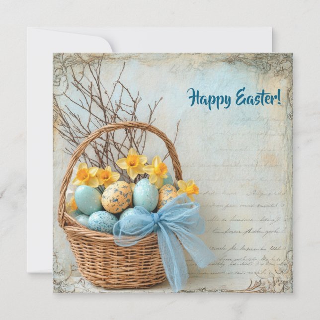 Tarjeta Festiva Huevos de Pascua azules y amarillos de época (Anverso)