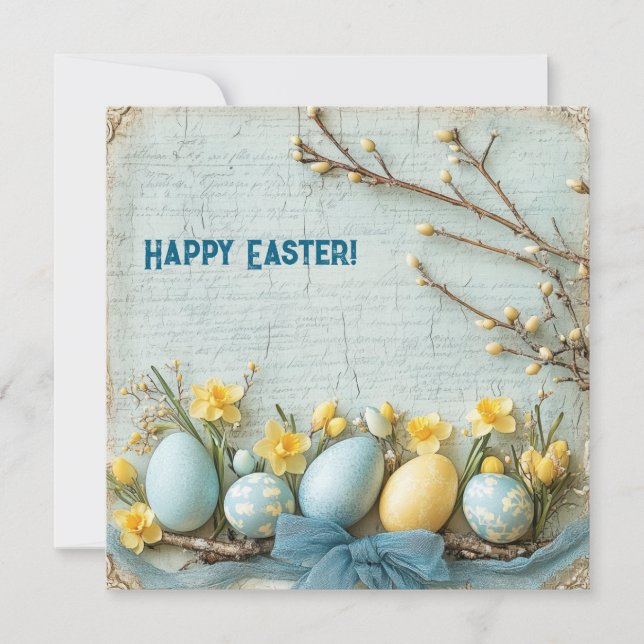 Tarjeta Festiva Huevos de Pascua azules y amarillos de época (Anverso)