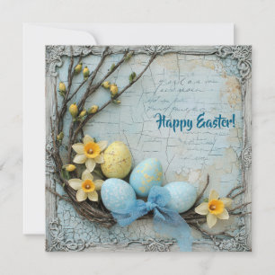 Tarjeta Festiva Huevos de Pascua azules y amarillos pastel rústico