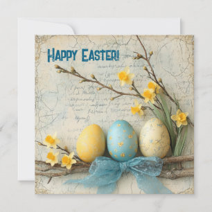 Tarjeta Festiva Huevos de Pascua azules y amarillos pastel rústico