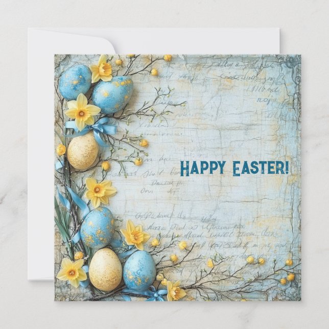 Tarjeta Festiva Huevos de Pascua azules y amarillos vintage y narc (Anverso)