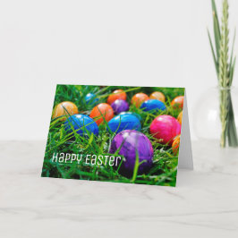 Tarjeta Festiva Huevos de Pascua coloridos en foto de hierba, feli