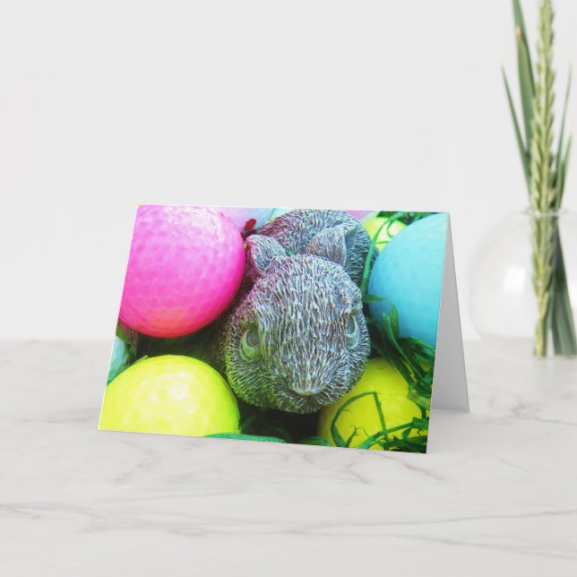 Tarjeta Festiva Huevos de Pascua, Conejo, Bolas de Golf (Anverso)