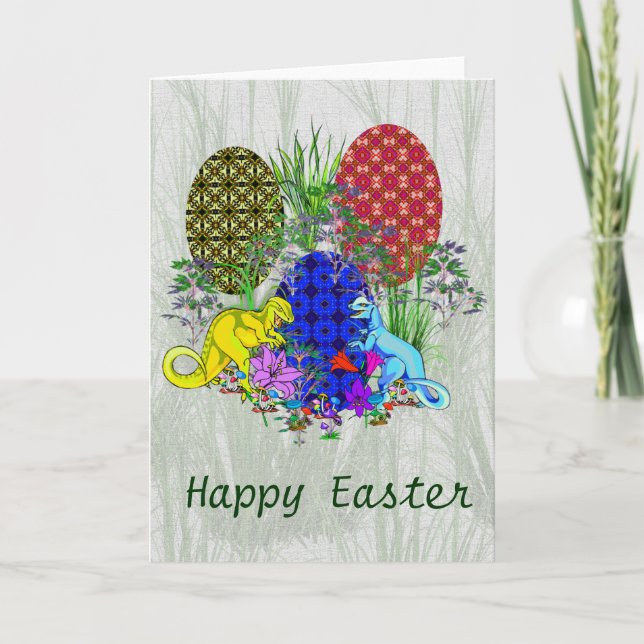 Tarjeta Festiva Huevos de Pascua de Dinosaurio (Anverso)