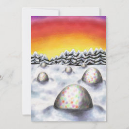 Tarjeta Festiva huevos de pascua en paisaje invernal cerca del bos