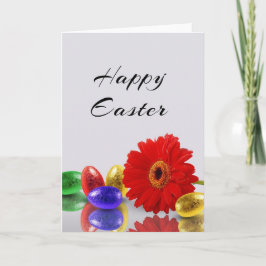 Tarjeta Festiva Huevos de Pascua felices coloridos con el Gerbera