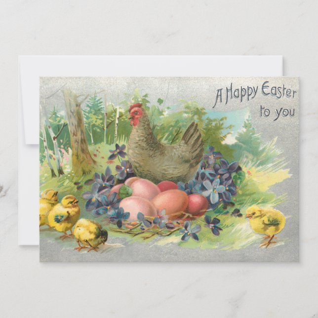 Tarjeta Festiva Huevos de Pascua, Hen y Chicks (Anverso)
