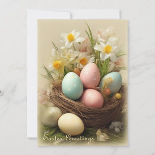 Tarjeta Festiva Huevos de Pascua, Nido y Daffodils Blancos