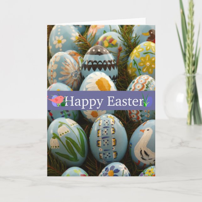 Tarjeta Festiva Huevos de Pascua pintados de azul (Anverso)
