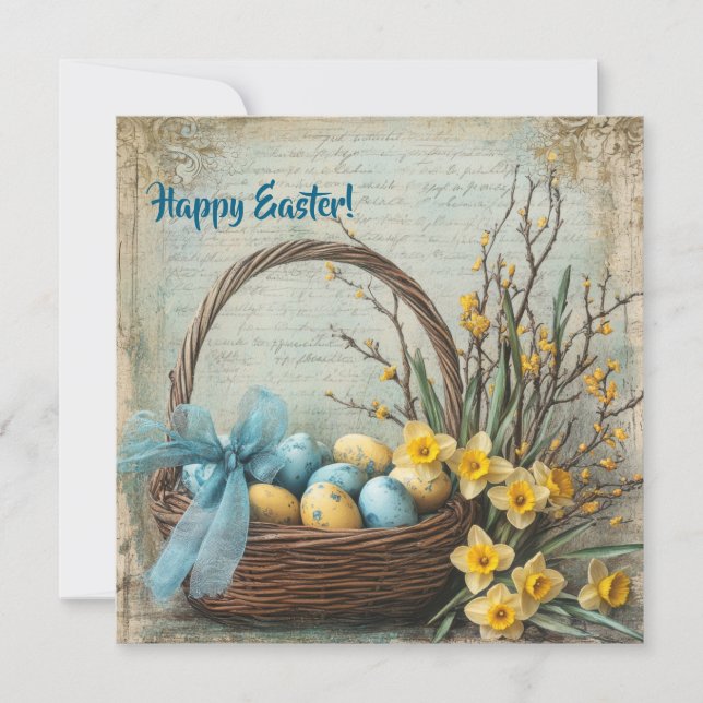 Tarjeta Festiva Huevos de Pascua retro chic y chic en daffodis de  (Anverso)