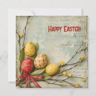 Tarjeta Festiva Huevos de Pascua retro de acuarela rojos y amarill