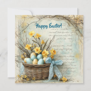 Tarjeta Festiva Huevos de Pascua retro shabby chic en cesta narcis