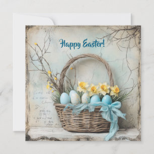 Tarjeta Festiva Huevos de Pascua retro shabby chic en cesta narcis