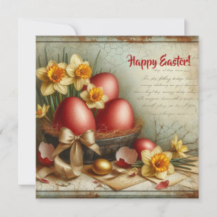 Tarjeta Festiva Huevos de Pascua rojos retro acuarela y narcisos