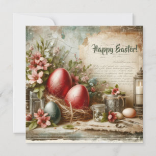 Tarjeta Festiva Huevos de Pascua rojos retro anticuados flores de