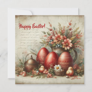 Tarjeta Festiva Huevos de Pascua rojos retro anticuados flores de 
