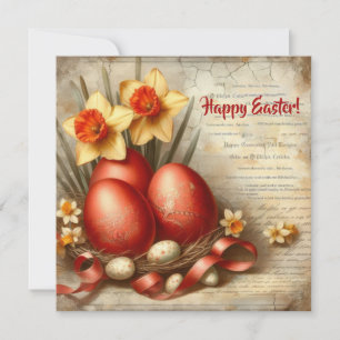 Tarjeta Festiva Huevos de Pascua rojos retro anticuados narcisos