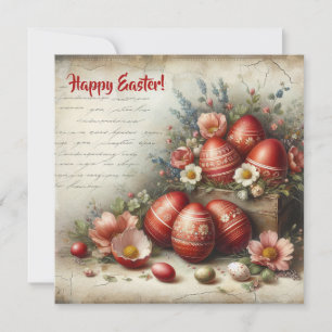 Tarjeta Festiva Huevos de Pascua rojos retro caprichosos flores de