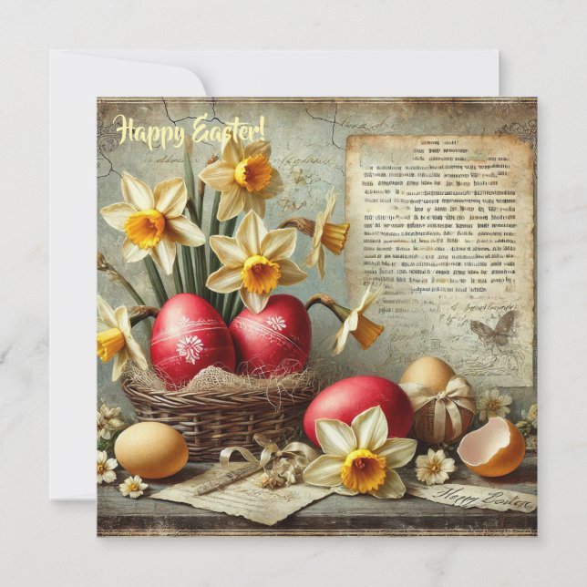 Tarjeta Festiva Huevos de Pascua rojos retro caprichosos narcisos (Anverso)