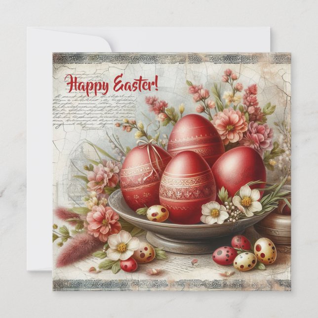 Tarjeta Festiva Huevos de Pascua rojos retro con flores de primave (Anverso)
