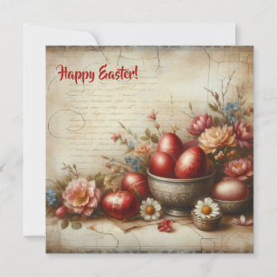 Tarjeta Festiva Huevos de Pascua rojos retro flores de primavera a
