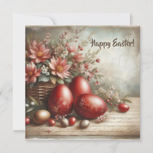 Tarjeta Festiva Huevos de Pascua rojos retro flores de primavera a