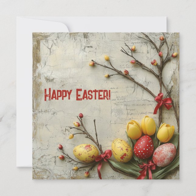 Tarjeta Festiva Huevos de Pascua rojos y amarillos con estilo desg (Anverso)