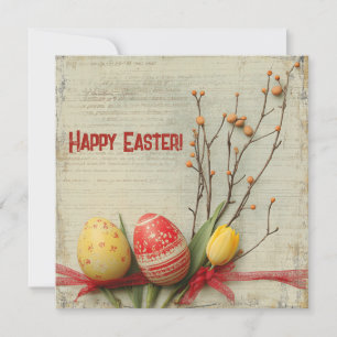 Tarjeta Festiva Huevos de Pascua rojos y amarillos con estilo shab