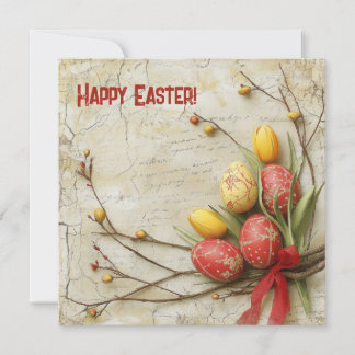 Tarjeta Festiva Huevos de Pascua rojos y amarillos pintados a la a