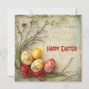 Tarjeta Festiva Huevos de Pascua rojos y amarillos retro en acuare