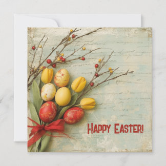 Tarjeta Festiva Huevos de Pascua vintage acuarela rojos y amarillo