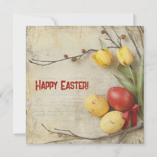 Tarjeta Festiva Huevos de Pascua vintage de acuarela rojos y amari