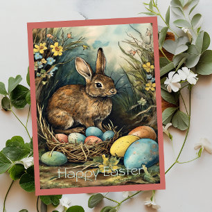 Tarjeta Festiva Huevos de Pascua vintage de conejito del bosque