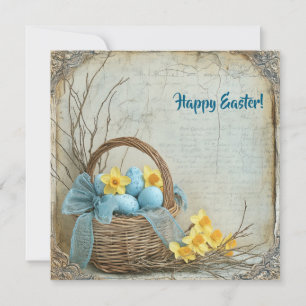 Tarjeta Festiva Huevos de Pascua vintage shabby chic en cesta narc