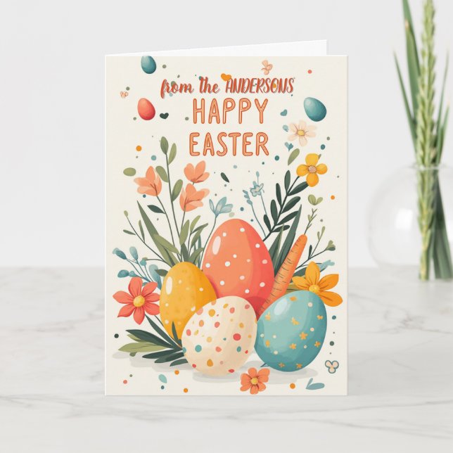 Tarjeta Festiva Huevos de Pascua y arreglo floral (Anverso)