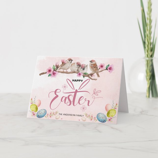 Tarjeta Festiva Huevos de Pascua y Aves Felices Pascua (Anverso)