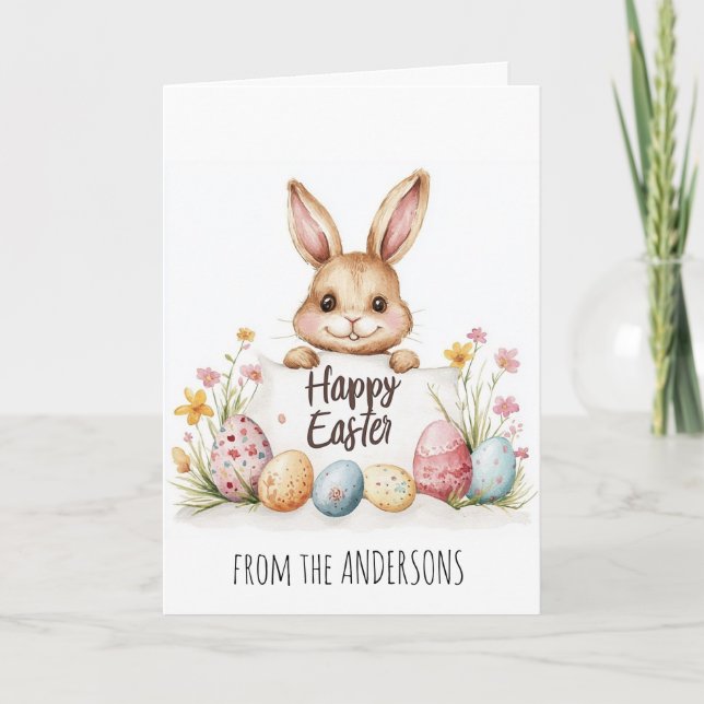 Tarjeta Festiva Huevos de Pascua y conejito lindo de fondo (Anverso)