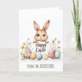 Tarjeta Festiva Huevos de Pascua y conejito lindo de fondo