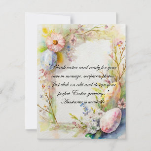 Tarjeta Festiva Huevos de Pascua y flores enmarcan papelería en bl