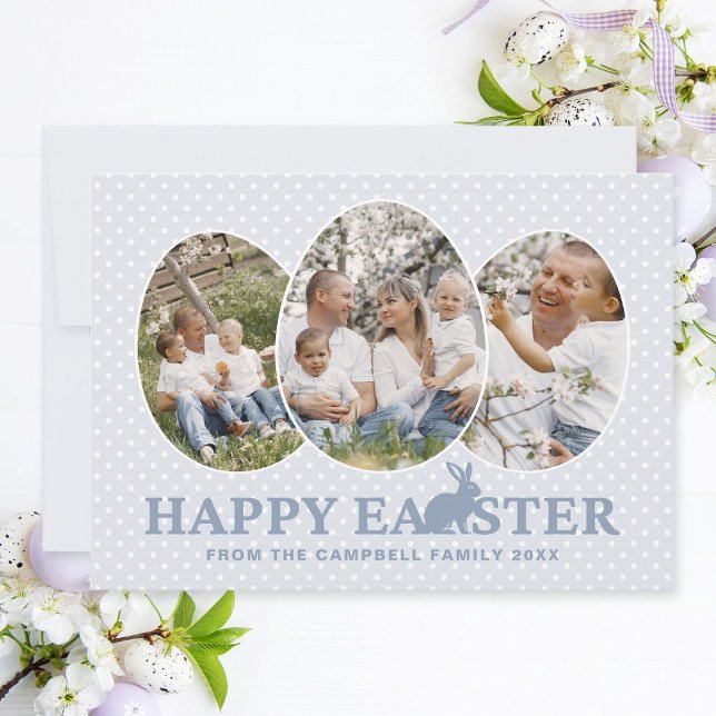 Tarjeta Festiva Huevos de Personalizado de Happy Easter Dusty Blue (Easter family photo collage card with egg-shaped photo frames, dusty blue text and bunny.)
